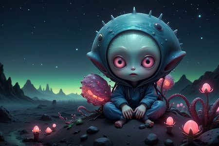 cute little Japanese (alien:1.1) anime, l, detailed scene, perfect face, intricately detailed photorealism, trending on artstation, neon lights, misty night, stunning full body anime art by (Mark Ryden:1.1)   <lora:Nicoletta_Ceccoli_2:0.4> Nicoletta Ceccoli  <lora:another-bored-monsters:0.35> fx-monsters, subsurface scattering, ultra hd, 4k, high def, Photorealistic, Hyperrealistic, Hyper detailed, analog style, realistic, masterpiece, best quality, ultra realistic, 8k, Intricate, High Detail, film photography, soft lighting,  heavy shadow