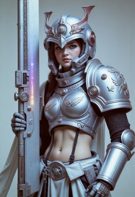 a high-fashion Face CloseUp of a shyly laughing White ciri with fair skin and delicate freckles. She wears an elaborate, futuristic armor inspired by the Japanese Edo period and Warhammer aesthetics. Her bright blue eyes peek out beneath an oversized kabuto-style helmet. The armor is crafted from an intensely reflective, mirror-like silver material, so polished that it catches and mirrors everything around her, creating an almost blinding effect with every movement.
The helmet gleams with a flawless shine, its dragon-like crest reflecting the light in striking patterns Like the chainsword SHe holds. The armor’s silver plates are highly reflective, amplifying the surroundings as they curve around her body, making her appear as though she's wearing pure, polished glass that constantly shifts with light and shadow.
Behind her, a translucent cape flows in the wind, glowing with soft, rainbow-like colors that shimmer and change. The ethereal, prismatic hues dance as the cape moves, adding a magical, surreal quality to her powerful yet approachable presence. The contrast between the brilliant silver of her armor and the softly glowing cape gives her an otherworldly, almost celestial appearance.
Set against a simple light gray background, the bright reflections of the armor and the glowing colors of the cape create a captivating balance, allowing her mighty sword to shine through amidst the dazzling display of light and color.