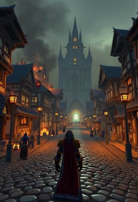 world of warcraft, ultrarealism, real life, The view is from the eyes of a terrified villager looking up at the approaching soldiers led by Arthas. The cobblestone streets are littered with debris and smoke from burning homes fills the sky. People scream and run in all directions, some coughing from the plague's effects, while others scramble to escape the knights who mercilessly cut down anyone in their path. Children cling to their parents, and the once-thriving city has turned into a chaotic warzone. From the villager’s perspective, the approaching soldiers are an unstoppable wall, their cold steel gleaming in the dim light, reflecting the flames.