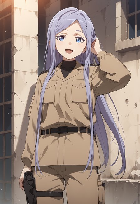 score_9, score_8_up, score_7_up, score_6_up, score_ANIME,  , anjuemma, 1girl, solo, ,purple hair, blue eyes,  , white eyelashes, part bangs, black turtleneck sweater, smile, looking at viewer,  standing,  brown pants, belt, very long hair, brown jacket,  cowboy shot,open mouth,     , mole under eye,  , ruins, city,, sunset,  hand in own hair, holster, <lora:Anju_Emma_ponyV2:1>