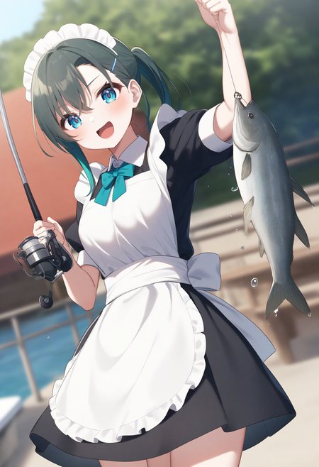 1girl,sincos, ningen mame, toosaka asagi,solo,medium breasts,20yo,maid,maid headdress,
fishing, fishing rod, fish, boat, holding fishing rod, holding fish, ocean, day, arm up, water drop, fishing line, <lora:fishing_XL_v1:0.8>
dutch angle, cowboy shot, looking to the side, green hair, aqua eyes,happy,  open mouth, short ponytail hair,,
best quality, very aesthetic, absurdres