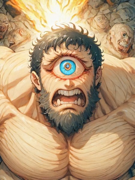 cyclops, one eye, solo, looking at viewer, short hair, open mouth, blue eyes, black hair, 1boy, male focus, teeth, blood, muscular, facial hair, scar, fire, beard, veins, one-eyed<lora:cyclopes:1>
