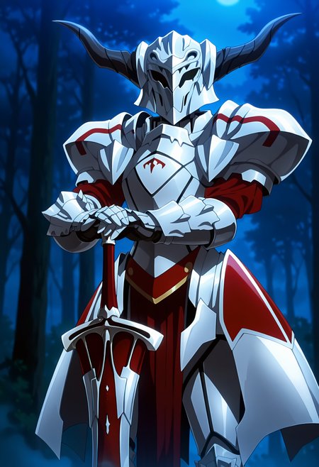 anime screencap, masterpiece, best quality,
<lora:FateApocrypha_Mordred_IlluXL:0.9>,
1girl, solo,
horned helmet, full armor, pauldrons, faulds, gauntlets, greaves, pelvic curtain,
hands on hilt, sword, clarent \(fate\),
standing, looking at viewer, cowboy shot,
outdoors, forest, dark, night, fog, blue theme, blurry background