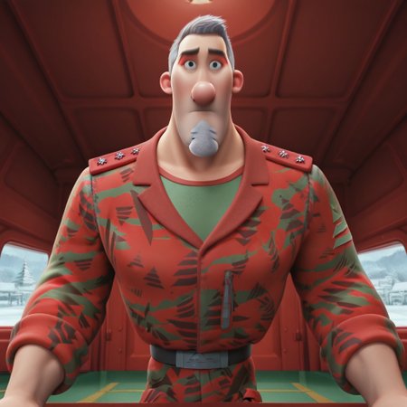 Cartoon source, High Quality, perfect anatomy, amazing art, LineArt, Master piece, Nice art, Steve Claus, 1boy, solo, Mature man, Mature man, gray hair, short hair, black eyes, big nose, eyebrows, goatee, Christmas tree goatee, facial hair, gray hair, Big pecs, Big chest, military uniform, dynamic pose, dynamic view, dynamic expressions