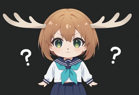 score_9, score_8_up, score_7_up, masterpiece, best quality, blurry background, detailed, perfect, perfection, 
BREAK
nokotan, blue eyes, green eyes, two-tone eyes, brown hair, short hair, deer antlers, :3, 
BREAK
school uniform, white shirt, long sleeves, blue serafuku, aqua neckerchief, blue skirt, white socks, brown shoes, small chest,
BREAK
chibi, hand to mouth, question mark, simple background, black background