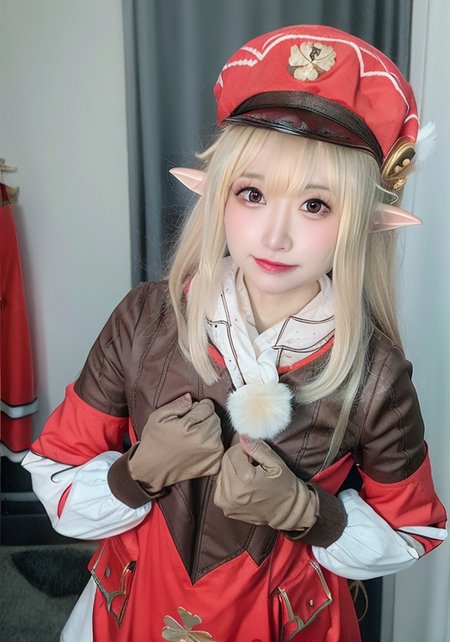 (masterpiece, best quality),  (photo realistic:1.55),(ulzzang-6500:0.65),detailed,  pointy_ears, hat, blurry_background, solo, blurry, 1girl, blonde_hair, hat_feather, elf, photo_\(medium\), gloves, klee_\(genshin_impact\), backpack, realistic, bag, depth_of_field, red_headwear,mittens,upper body,selfiemirror,(((arm around back))),