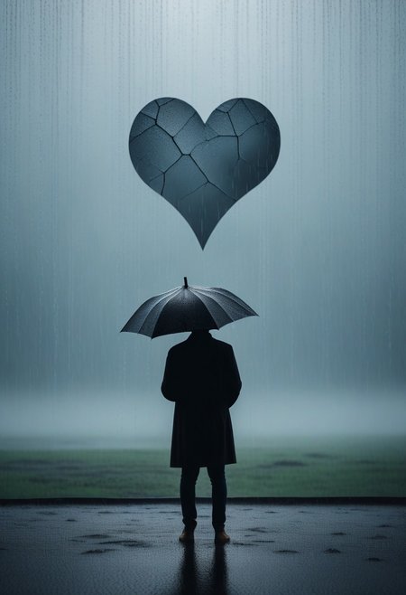 8K analog photo, The Back silhouette of a person standing alone and lonely in the rain, wearing hat, a Cracked large heart effect floating in the background, minimalist,