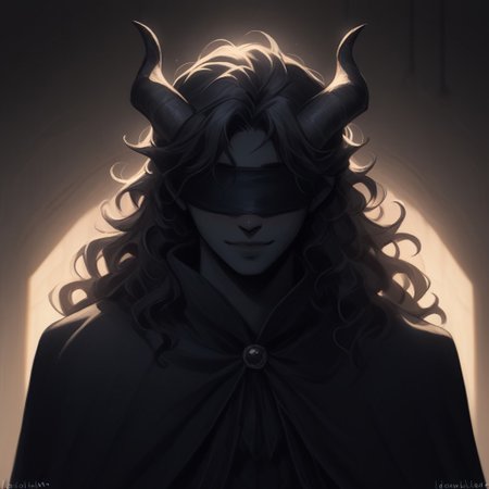 Score_9, Score_8_up, Score_7_up, (masterpiece), best quality, blindfolded, perfect face, perfect anatomy, portrait, Tiefling, pointed ears, horns, short horns, tail, tail up, black skin, handsome young man, young adult, slim, black hair, wavy hair, wavy, volumize hair, semi long hair length, black clothing, sorcerer cloak, romantic perspective, smiling, nervous, beautiful perspective. sorcerer robes, indoors of a magical tavern, warm lighting in the background, soft lighting, crow feathers falling in the background, shoulder length hair, short hairstyle