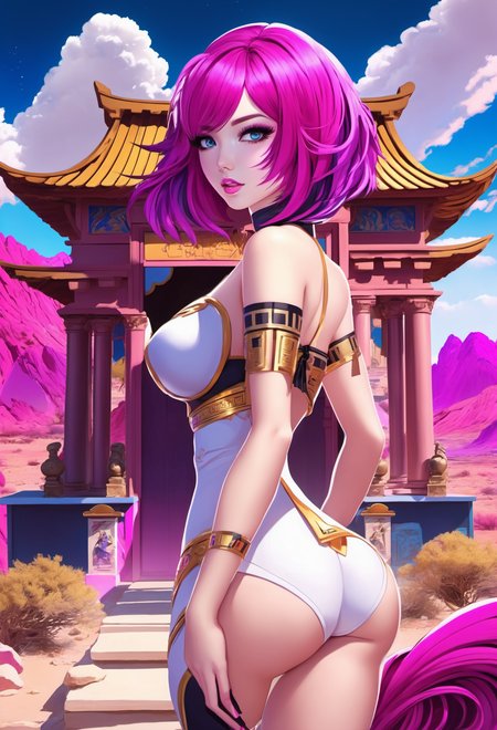1girl, anime, beautiful girl with vivid magenta hair, bombshell hair, in ancient, rural Las Vegas, hourglass figure, facing viewer<lora:envy_xl_test_5:0.75>