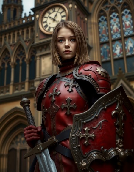 A fierce and confident young woman is in front of an ancient midevil cathedral with a clock tower in the background, and stained glass windows. She is standing to the side with her both a quarter turned toward the viewer. Wearing a full suit of intricately designed red  viking_punk style armor with gold trim. Her black jumpsuit can be seen underneath the armor. The armor is adorned with intricate crusader style crosses.   One gloved hand are resting on the handle of an intricately designed longsword, and the other is holding a large shield. She has short straight hair framing her long and slender heart-shaped face with large ice blue doe eyes and full wide lips. <lora:art and styles/MysticFantasy>,   <lora:flux_trainer/moxiePunk_v3S>