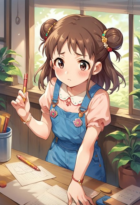 score_9, score_8_up, score_7_up, source_anime, munakata atsumi, brown hair, hair bun, brown eyes, 1girl, hair ornament, double bun, bracelet, jewelry, pencil, dress, overalls, blush, short sleeves