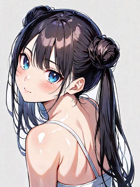 masterpiece,ultra-detailed,best quality,8K,illustration,cute face,clean skin ,shiny hair,petite girl,ultra-detailed-eyes,simple background,   <lora:double bun twintail_XL_illustrious_V1.0:1> double bun twintail, long hair