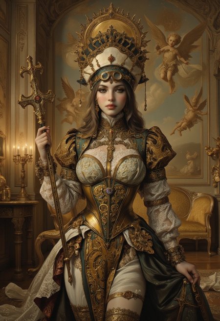 A Renaissance-inspired oil painting of a woman standing in a grand, baroque hall, dressed in a hybrid Renaissance-steampunk gown of rich, bronze-threaded velvet and layered mechanical filigree. The corset, reinforced with polished brass gears and delicate clockwork mechanisms, moves subtly as if adjusting to her breath. Her sleeves, made of sheer lace infused with thin, metallic wiring, glisten under the candlelit glow. Her subtle, knowing smile highlights a golden monocle with embedded microcircuitry rests over one eye, magnifying the faint glow of data symbols reflected in her iris. Behind her, an intricate mural of Renaissance cherubs is seamlessly overlaid with faint blueprints of celestial machinery, bridging classical artistry with mechanical innovation. She stands poised with a brass-engraved scepter, her expression calm and knowing as she watches over an empire of both past and future.