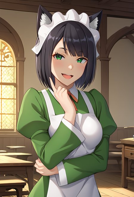 Chloe_Rollo, black hair, medium hair, cat ears, green eyes, medium breasts, hostess maid uniform, green dress, whte apron, puffy sleeves, maid headdress, neck ribbon, BREAK indoors, medieval, ballroom, BREAK looking at viewer, sexy face, sexy smile, open mouth, cowboy shot BREAK score_9, score_8_up, score_7_up, source_anime ,zPDXL, perfect hand,  <lora:Chloe_Rollo:0.8>