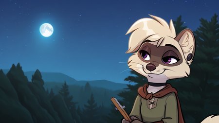 (detailed background:1.2), photorealistic, high quality, image depth, cinematic lighting, photorealistic, detailed shading, <lora:pony_good_hands:1>, solo, masterpiece, highest quality, detailed face, deep shadows, SFW, night setting, <lora:Beautiful Detailed Eyes:1> <lora:Detailed_eyes:1>, fluffy fur, (Brooke,1girl,solo,furry female,racoon girl,purple eyes,blonde hair,short hair,bangs,body fur,two tone fur,grey fur,white fur,tail,black choker,snout,animal nose,whiskers,earings,piercing, armless green top, anthro, fluffy, fluffy fur, paws, moon, trees, tunic, pants, cape, scarf, leg wrap),  <lora:Brooke_v01_ILXL:1>, (half closed eyes:1.2), (sharpening a spearhead:1.3),, score_9, score_8_up, score_7_up, score_6_up, score_5_up, score_4_up,