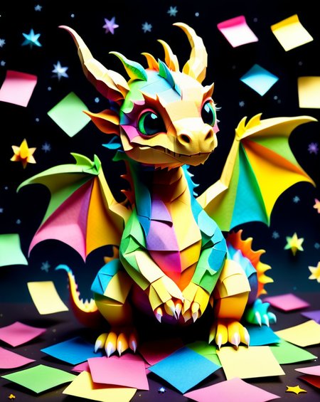 a small colorful cute baby dragon with tiny scales made out of Jed-StickyN, dynamic pose, dynamic angle, dark fantasy, intricate details, ultra wide shot, zoomed out, on a tiny mound,
<lora:StickyNotesStyle:1>,  <lora:add-detail-xl:0.7>,  <lora:sd_xl_dpo_lora_v1:1>, <lora:xl_more_art-full_v1:0.3>,  set against a  background of a starry sky,