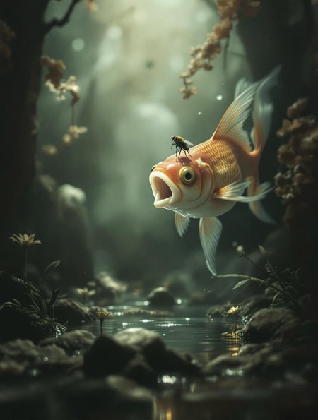 An enigmatic composition bathed in soft, diffused light, blending whispers of surrealism and melancholia. The scene unfolds in a cinematic atmosphere where subtle textures and delicate grains add depth, while the interplay of light and shadow enhances the quiet intensity of the moment. A subdued color palette merges with ethereal haze, evoking a dreamlike quality and timeless stillness. The central subject –Close-up shot. A hungry goldfish jumps hoping to swallow a passing fly. The mouth of the fish is wide open with plenty of visible sharp teeth. The fly, frightened, freezes in mid-air.– is delicately framed, their presence balanced between mystery and intimacy. Surrounding elements, rich in symbolic undertones, anchor the narrative in an otherworldly context. Organic details like softly swaying flora or faintly glowing surfaces contrast with stark, haunting figures, creating a juxtaposition that is both poignant and surreal. The composition invites introspection, with negative space amplifying the mood's resonance. Every detail, from the atmospheric depth to the muted highlights, serves to craft an image that feels suspended in an emotional, poetic realm, steeped in quiet nostalgia.
surreal style