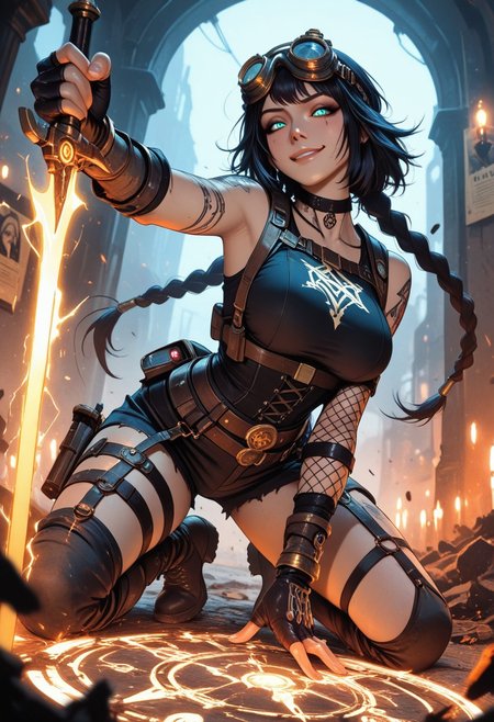 highres, very detailed, amazing quality, masterpiece, very aesthetic, glitter, particle effect, 1girl, solo, beautiful eyes, tan skin, double braided ponytail, tattoo, arm tattoos, neck tattoos, chest tattoos, skimpy top, body strap harness, fishnets under clothing, asymmetrical clothing, asymmetrical, large breasts, choker, seducing, seductive, flirty, tender, loving, playful,
steampunk combat mage, tactical gear fused with arcane design, glowing brass fittings, enchanted utility belts, belts with vials of glowing liquid, arcane badge on hip, goggles pushed up on head, armored fingerless gloves, corset-integrated spell amplifier, glowing circuitry tattoos, magical police emblem, asymmetrical clothing, 
charging a spell in one hand, glowing spellblade, magical dagger, arcane energy weapon, blade crackling with magic, enchanted blade, spell channeling through weapon, glowing runes etched into blade, electricity and flame swirling violently, intense smirk, eyes glowing with arcane authority, foreshortening on outstretched arm casting forward, spell circle forming at viewer POV, smoke and debris rising around her boots,
ruined steampunk city, flickering streetlamps, shattered clockwork constructs around her feet, runes glowing on walls, wanted posters fluttering in spellshock wind, embers drifting in the air, dramatic orange/blue contrast lighting,
angle from below, cinematic lighting, dramatic depth of field, sparks and ash particles in foreground for motion blur