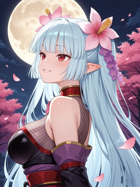 ninja,meika etraynze the shadow flower venus,1girl,solo,upper body,from side,smile,parted lips,petals,fishnet bodysuit,pink hair flower,black detached sleeves,black kimono,red sash,cropped torso,tree,outdoors,full moon,night sky,
masterpiece,best quality,amazing quality,very aesthetic,absurdres,newest,<lora:Meika Etraynze the Shadow Flower Venus illuXL v1:0.76>,