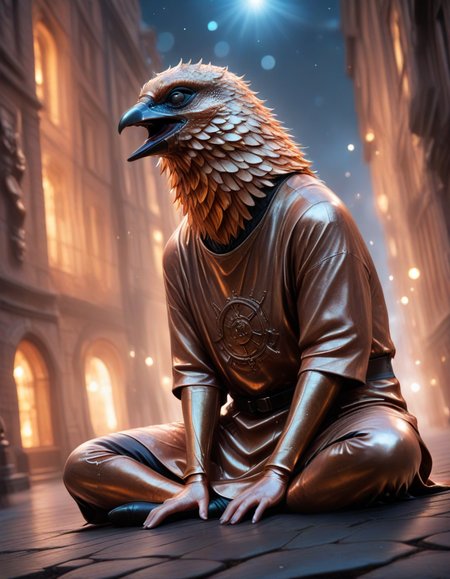 cinematic film still solo, copper fusion of hantu ulat sutra,hantu dinding,ant,magpie,kongamato, copper fur statue, artist:Mikio Igarashi (ãããã ã¿ãã), safe, sfw, envy, wearing copper wool tunic with embroidery, Sitting on the ground with legs spread wide, looking surprised, Vlogging, in copper Floating city in the sky with airships and magical technology, dutch angle, volumetric lighting, 
masterpiece, best quality, amazing quality, very aesthetic, absurdres, highres, high detail, 
, , , , <lora:MadeOfCopper01_CE_SDXL:1.2>,<lora:CivChan:1>,<lora:hand 5.5:1>,<lora:Dynamic Poses:1> . shallow depth of field, vignette, highly detailed, high budget, bokeh, cinemascope, moody, epic, gorgeous, film grain, grainy