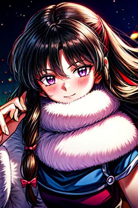 masterpiece,  best quality 1girl Setsun4 solo long hair,  (night time) forest background black hair very long hair purple eyes multicolored hair armor (fur trim) (medium body),<lora:EMS-179-EMS:0.800000>,<lora:EMS-293862-EMS:0.800000> bow, hair_bow, hair_tubes, red_bow, brown_hair, long_hair, bangs, sidelocks, ascot, brown_eyes, frilled_bow, yellow_ascot, blush, smile, hair_between_eyes