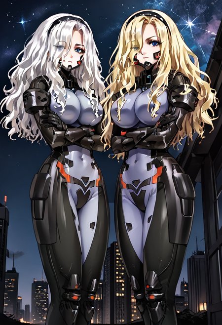 safe_pos, score_9, score_8_up, score_7_up, zPDXL, zPDXLpg, <lora:offset_0.2:0.1>, <lora:spo_sdxl_10ep_4k-data_lora_webui:1>, 2girls, schwarzesmarkenfortifiedsuit, pilot suit, impossible bodysuit, <lora:East_German_Fortified_Suit:1>, outdoors, city, skyline, night, starry sky, from below, crossed arms, looking at viewer, ass visible through thighs
irisdina bernhard, blonde hair, black hairband, hair between eyes, sidelocks, long hair, blue eyes, large breasts
sylwia krzasinska, white hair, wavy hair, long hair, blue eyes, hair over one eye, one eye covered, large breasts