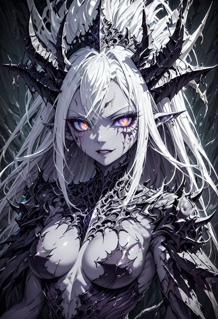 cyberdemon, female demon, cyborg, purple skin, tail, horns, pointy ears, opera diva, cyber eyes, 1girl, solo, ballgown, european dress, fantasy art, cyberpunk, best quality, upper body, portrait, warhammer40