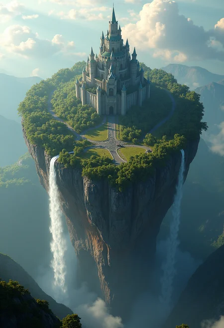 Create a highly detailed,photorealistic image of an island in space orbiting a planet devastated by nuclear war. The island is protected by a shimmering force field and is covered in forest and grassland,with a waterfall running down the side. In the center of the island is a massive castle made of crystals. 8k,octane render,ray tracing.,<lora:New_Fantasy_CoreV4_FLUX:0.8>,