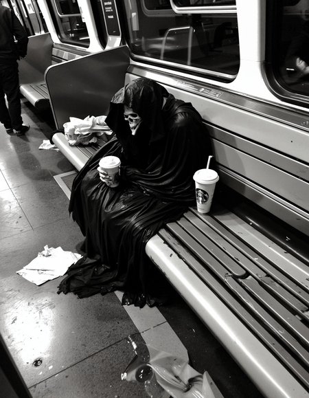 A candid, grainy photo of a Dementor slouched alone on a dirty subway bench, taken from a few seats away with a smartphone. The Dementor’s black, tattered cloak drapes over the edge of the plastic seat and pools on the gritty floor. One skeletal hand loosely holds a nearly empty iced coffee cup. The lighting is harsh and uneven from old fluorescent bulbs, with slight flickering. The floor is littered with crumpled napkins and an empty bottle rolling near the Dementor’s feet. The image is shot on iPhone, with soft motion blur, low-light grain, and imperfect composition — as if someone took it quickly and nervously. The vibe is eerie yet mundane — like spotting something out of place on your commute but pretending it’s normal. <lora:epiCRealnessRC1:-0.8>