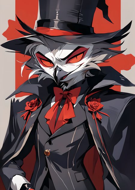 Score_9, score_8_up, score_7_up, score_6
(source_cartoon:1, vector_trace:1, vector_art:1, helluva_boss, highres, semi-realistic, official art, official wallpaper, absurdres)
HCSV1 stolas \(helluva boss\), avian, avian demon, bird, demon, owl, owl demon, anthro, beak, black clothing, cape, clothing, formal clothing, formal wear, fur, grey body, grey fur, grey hair, hair, hat, headgear, headwear, looking at viewer, male, red background, red clothing, red eyes, short hair, simple background, smile, solo, top hat, white face
<lora:Helluva Cartoon Style Pony V1:1.6>