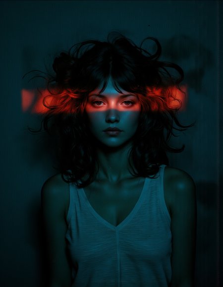 A moody, atmospheric portrait of a young woman standing in a dimly lit room, illuminated by a striking horizontal beam of red light that cuts across her face, highlighting her intense, captivating eyes. Her dark, voluminous hair frames her face, with shadows cascading around her, blending softly into the dark background. The cool, ambient lighting in the room contrasts with the bold red glow, creating a cinematic and cyberpunk-inspired visual. The woman wears a simple, light-colored top, which subtly reflects the faint blue tones in the surrounding shadows.The composition is intimate, focusing on the interplay of light and shadow that creates a sense of mystery and quiet intensity. The red beam of light adds a surreal, almost futuristic element, drawing the viewerâs eye to her expression, which conveys a mix of vulnerability and strength. The overall aesthetic is modern, evocative, and dreamlike, blending minimalism with bold, dramatic lighting for a powerful and visually captivating result. <lora:Fluxartis_Photography:0.8> <lora:Defluxion_v1:0.4> <lora:Illustration_concept_Variant_3:0.55> <lora:Dorota_Pietrowiak:0.75> <lora:Dark_Cinematic:0.7>