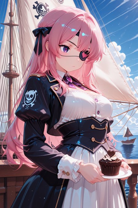 embedding:lazympos, CivChan,purple eyes,pink hair,pirate captain coat with heart buttons,standing on a ship made of interlocked cupcakes,sailing through a soda-pop sea with chocolate sail,eyepatch adorned with glittering rhinestones <lora:CivChan:0.9> <lora:TrendCraft_The_Peoples_Style_Detailer-v1.0A-3_13_2025-illustrious:0.4>