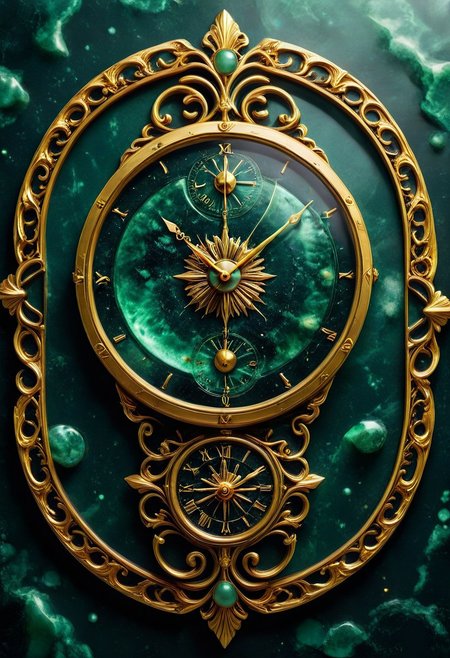 made from jade and obsidian, jade, obsidian,score_9, score_8_up, score_7_up, expensive looking, clock, golden clockhandsб golden metal pattern (mtlartCE_style)