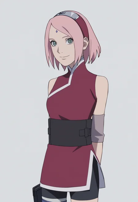 score_9, score_8_up, score_7_up, anime screencap, BREAK
1girl, haruno sakura, pink hair, short hair, green eyes, hairband,
forehead mark, sleeveless shirt, bike shorts,
upper body, arms behind back,
smile, solo, looking at viewer, simple background, white background,   <lora:SakuraTheLastPDXL_byKonan:1>