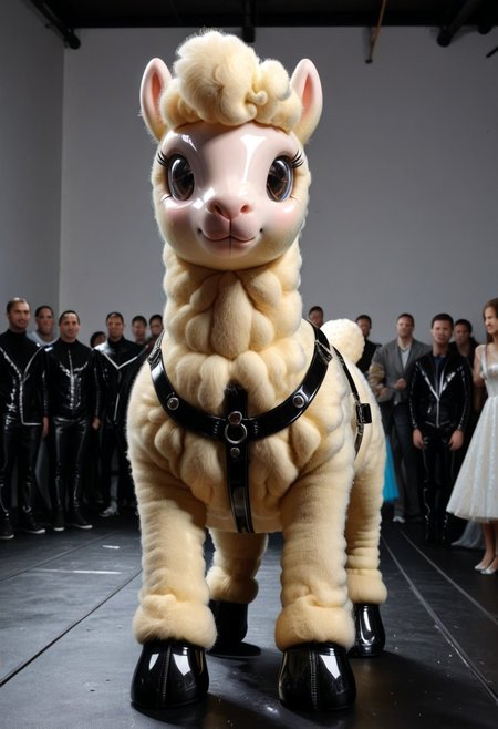 a bored Latex alpaca in a cool club with Latex black walls, party alpaca, (Latex harness), Latex clothing, very detailed, 4k, sharp