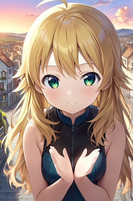 hoshii_miki, 1girl, solo,petite,long hair, blonde hair, green eyes,ahoge,medium breasts,close up,standing,looking at viewer,flowerhands, Make flower shape with both hands, open palms,incoming,upperbody,smile,cloud,sunset,town,wind<lora:Hoshii_Miki:0.7> <lora:better skin typeB-v1:0.7> <lora:XDetail_light:1>masterpiece,best quality,source anime
 <lora:negativeXL_D:1> <lora:_sdxl-flowerhands:0.7>