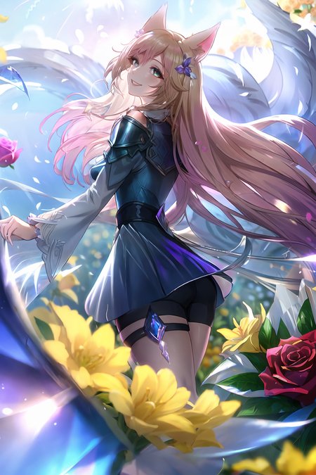 ahri \(league of legends\), (very detailed background:1.0), (highly detailed background:1.0), masterpiece, best quality, (1girl), solo, (girl:1.2), (happy),long hair, blonde hair, open arms, flower field, flowers:2, motion blur, roses, tulipss, (summer:1.2), chromatic aberration, depth of field, soft lighting, highly detailed face, highly detailed eyes, smile, (flower pettals falling), shoulder pads, diamonds