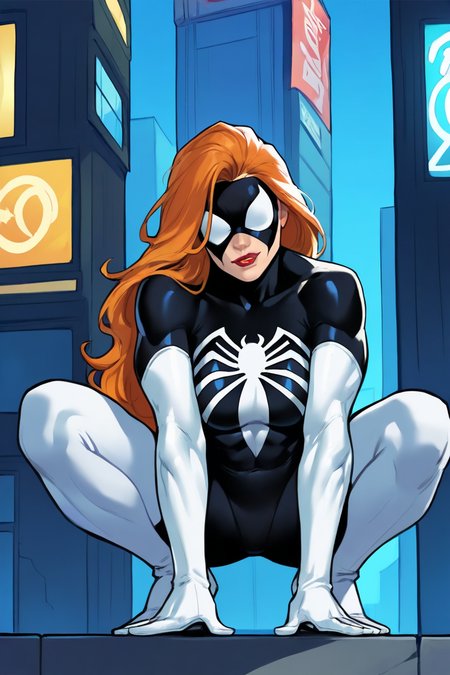 masterpiece, best quality, highres, extremely aesthetic, juliacarpenter, 1girl, solo, long hair, orange hair, mask, covered eyes, domino mask, lipstick, medium breasts, muscular female, black bodysuit, multicolored bodysuit, spider print, skin tight, white gloves, elbow gloves, thigh boots, white footwear, looking at viewer, squatting, full body, outdoors, city, building <lora:Spider-Woman (Julia Carpenter) v1.0 [LoRA] - NoobAI-XL EPS 1.0:0.8>