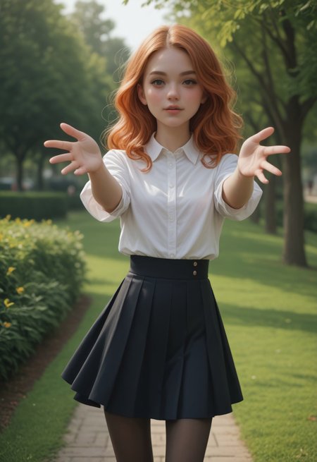 safe_pos, score_9_up, scorscore_9_up, score_8_up, score_7_up, 1girl, young, pretty face, bellissima, sexy, flowing ginger hair, skirt, pantyhose, blush, at a park, incoming hug, depth of field.

