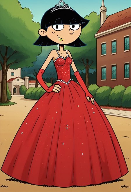score_9_up,score_8_up,score_7_up,score_6_up,score_5_up,score_4_up BREAK rhonda,black hair, black eyes, bob cut, blunt bangs, Very large red floor length gown, ball gown, rhimestones. She is also wearing a tiara, hoop skirt, dome shape skirt, quinceanera, prom, pageant, long elbow length red fingerless Satin bridal gloves, contrapposto, hand on own hip, park, tree, building,smile,arm at side, leaning to the side, dutch angle, looking at viewer,    <lora:RhondaPony:1>