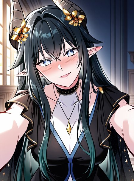 <lora:Regressor_Instruction_Manual__Dialugia:1>
1 girl, solo, long hair, straight hair, black hair, greenish blue hair, gradient hair, bangs, hair ornament, golden flowers, elf ears, horned girl, horns, 
white dress, black outer robe, blue lining, blue trim, black cloak, starry cloak, layered outfit, black and gold accents, golden trim, choker, black choker, sleeveless dress, long dress, open cloak, necklace, blue rose bracelet
score_9, score_8_up, score_7_up, score_6_up, source_anime, rating_explicit, 1girl, solo, smile, embarrassed, alcalose eyes, open mouth, mansion, indoors, looking at viewer, outstretched arms, pov, close-up, (head tilt:1.2)