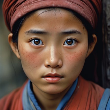 art by Steve McCurry, chinese Girl, realistic eyes, worn out clothes with applications, dusty face, facial pores, no makeup, Houtouwan, China, 1984, 8k, uhd, dslr, film grain, insane details, detailed skin, skin imperfections, award-winning photo, perfecteyes, <lora:DetailedEyes_V3:0.8>