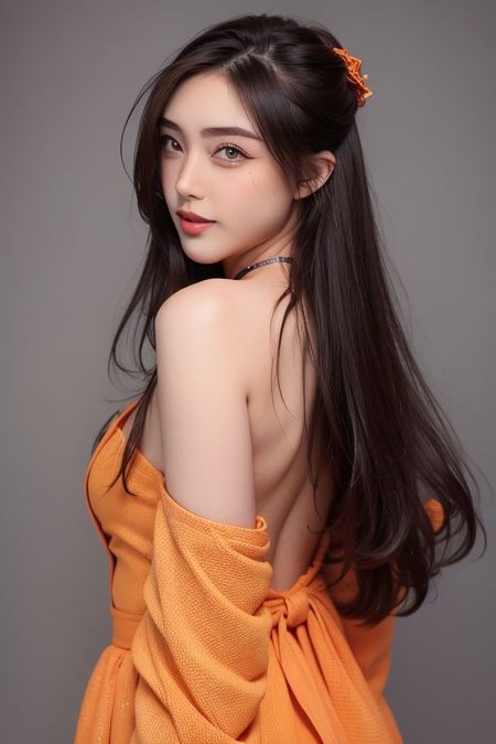 1girl,orange background, (extreamly detailed pupil, extreamly detailed eyes,(proportional eyes, same size eyes),perfect eyes looking, bright eyes,(detailed eyes), long eyelash, downing eyes), (looking at viewer),((proportion body)), (extreamly detailed face, extreamly detailed eyes, extreamly detailed nose, extreamly detailed lips), (red lips, {parted lips|smirk|smile, happy smile}), ((shiny skin)), ((jawline, strong jawline), ((dimple)), collar choker, Messy long hair, view from back