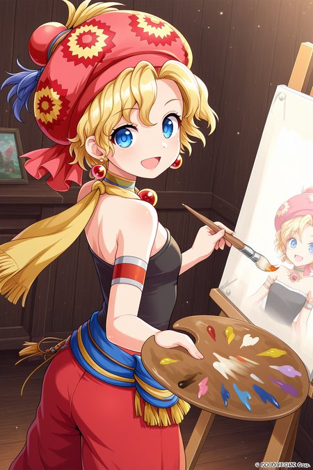 1girl, RelmArrownyFinalFantasy, 
general, solo, pov dating, upper body,
short hair, blonde hair, blue eyes,
hat, earrings,
choker, jewelry, scarf, 
strapless,
armband, paintbrush, palette \(object\),
baggy pants,
looking at viewer, \:D, painting \(action\),
fantasy, indoors, canvas \(object\),
<lora:kp_RelmArrownyFinalFantasyIllustrious_v1_0:1.0>,
masterpiece, best quality, amazing quality