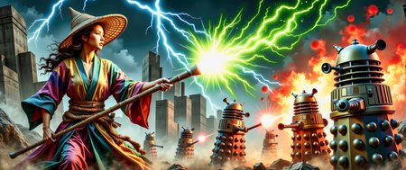A dynamic action illustration showing a female techno-mage, wearing multi-colored robes and a (bamboo Coolie hat:1.2), engaging in an intense battle against several evil Daleks from planet Saros.  The techno-mage is using her staff to fire pulsating balls of green magical energy at the Daleks. The Daleks are firing red pulse energy beams at the techno-mage. Bolts of blue electrical discharges fill the air.  It is evening, and the battle takes place in a dark misty dystopian cityscape, outside a megalithic industrial complex.  This is a full frame body shot, providing a environmental wide angle view of the entire body.  Movie poster, bold colors, action sequence, complex patterns.  Intricate details, masterpiece, best quality.  Dramatic and dynamic high contrast lighting, dim dark atmosphere. <flux_realism_lora:0.64> <FluxDFaeTasticDetails:0.82> <BaroqueColorful:0.72>