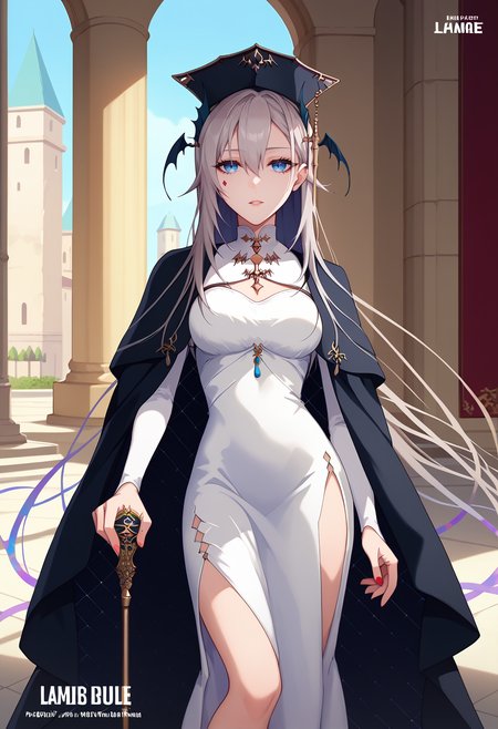 score_9, score_8_up, score_7_up, anime screencap, source_anime, 1girl, solo,
<lora:Ida_Pochi_V1:.85>, KJOpochi, long hair, grey hair, blue eyes, hair between eyes, facial mark, hair ornament, 
White dress, side slit, black cape, black hat, long sleeves, 
holding cane, expressionless, parted lips, looking at viewer, head tilt, leaning on cane, leaning to the side,
ballroom, mansion, marble \(stone\), pillars, 
(Beautiful, medium Breasts:1.2), natural breasts,