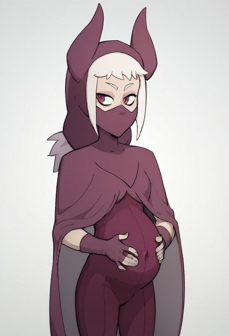 score_9, score_8_up, score_7_up, Vanripper, mask, 1girl, solo, pregnant, norawakfu, white hair, purple eyes, hood, horns, hood, horns, cloak, fingerless elbow gloves, bodysuit, cape, standing, holding belly, covered belly, covered navel, white background,