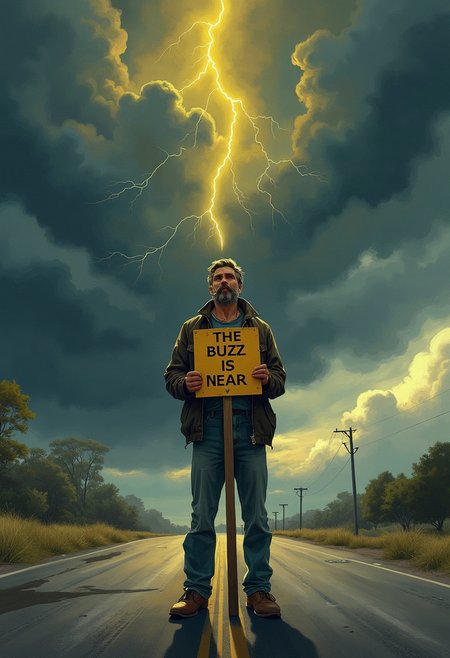 realistic illustration of a male hobo. He is standing in the middle of the road. He has a sign that says: "THE BUZZ IS NEAR" The sky is filled with dark clouds.  a yellow lightining strike is falling from the clouds to the hobo.