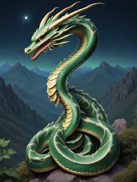 dragon, scales shimmering with iridescent colors, perched atop a craggy peak, moonlit night,
<lora:Serpent_World:1> snake
