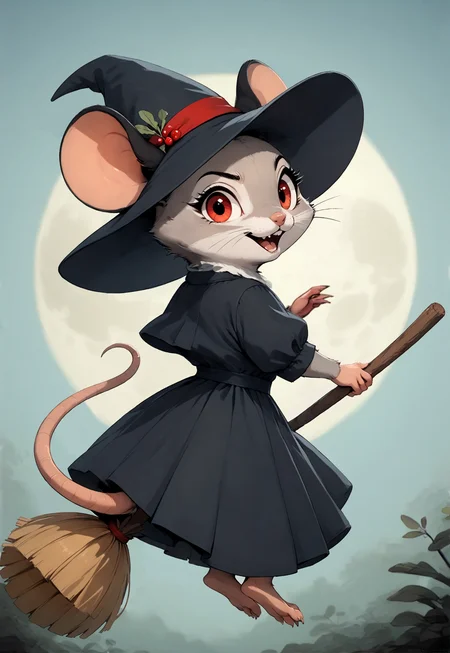 score_9, score_8_up, score_7_up, score_6_up, score_5_up, score_4_up, m0use_goldie, female, grey fur, black ears, red eyes, tail, (cute, feral:1.5), (black dress, witch's hat), riding on a broomstick through the sky, (moon:1.5), (broom_riding:1.2), looking back, looking at viewer,